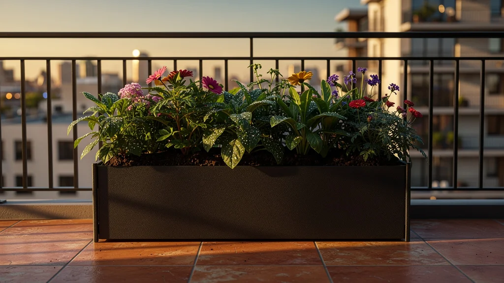 Jardinière balcon urbaine autonome en pleine floraison avec rendement mesuré après 4 semaines