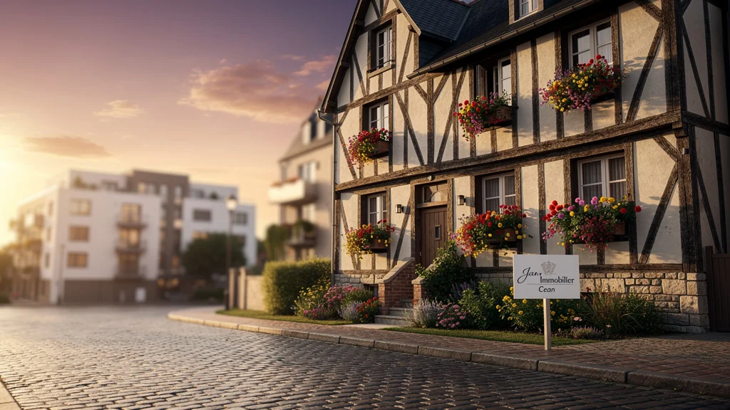 Photographie ultra-réaliste d’une maison normande à Caen avec panneau Jean Immobilier Caen au coucher du soleil