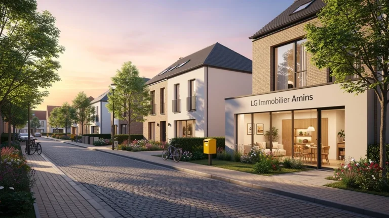 Quartier résidentiel moderne à Amiens avec agence LG Immobilier, ambiance chaleureuse et lumière dorée