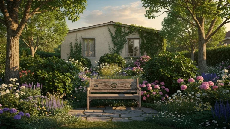 Jardin luxuriant choisi pour sa beauté naturelle, au premier plan, avec maison discrète en arrière-plan