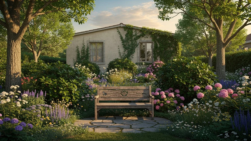 Jardin luxuriant choisi pour sa beauté naturelle, au premier plan, avec maison discrète en arrière-plan