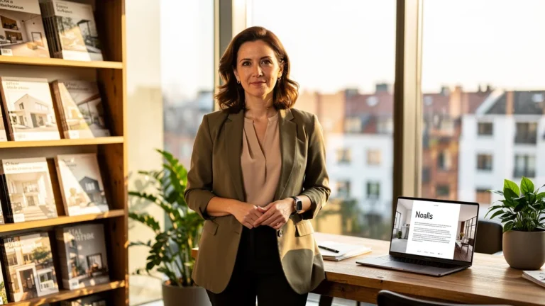 Portrait réaliste d'une rédactrice immobilière de 35 ans pour article Noalis avis 2024