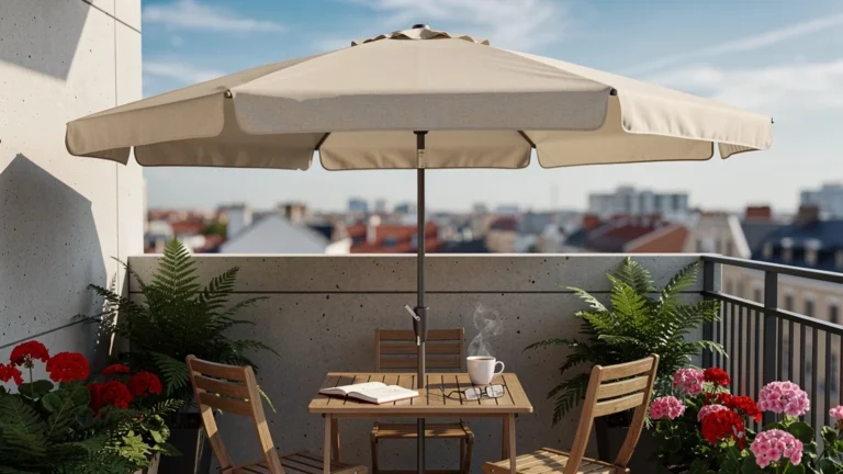 Parasol balcon élégant offrant une ombre mesurée sur un balcon urbain moderne en pleine lumière