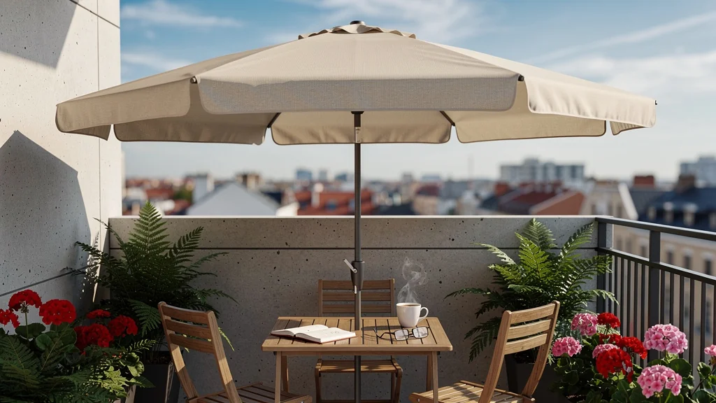 Parasol balcon élégant offrant une ombre mesurée sur un balcon urbain moderne en pleine lumière