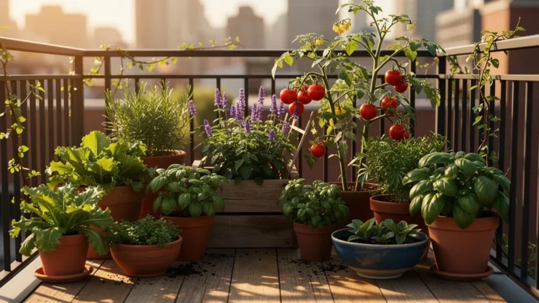 Potager balcon urbain luxuriant avec légumes et herbes en pots, lumière naturelle et ambiance paisible