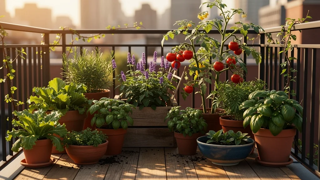 Potager balcon urbain luxuriant avec légumes et herbes en pots, lumière naturelle et ambiance paisible