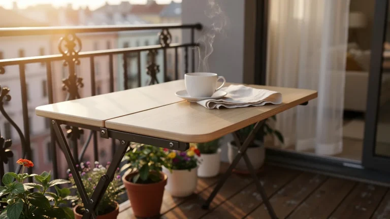 Table balcon pliante moderne en bois clair sur balcon urbain avec plantes et tasse de café en ambiance chaleureuse