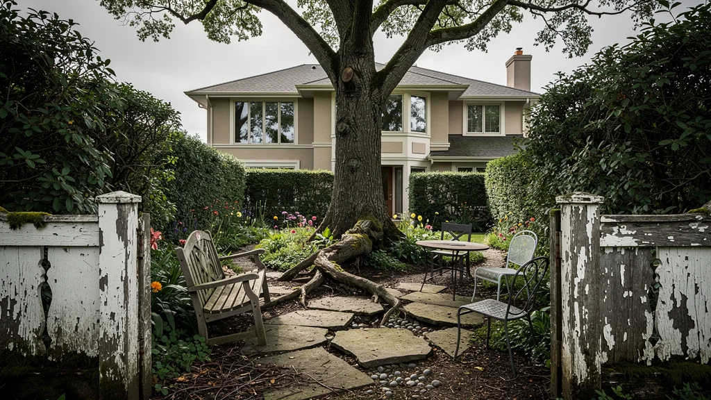 Jardin résidentiel mal conçu nuisant à la revente immobilière, vue réaliste d’un espace envahi et désordonné