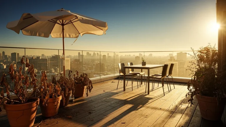 Terrasse plein sud exposée au soleil intense avec plantes fanées et mobilier moderne en bois