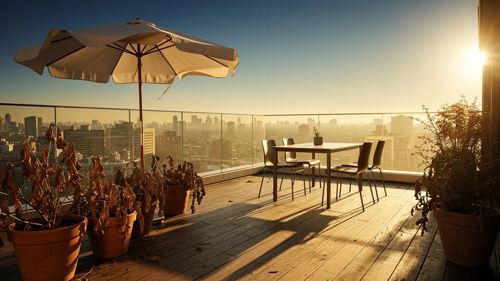 Terrasse plein sud exposée au soleil intense avec plantes fanées et mobilier moderne en bois