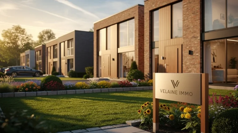 Quartier résidentiel moderne au coucher de soleil avec logo discret de Velaine Immo, ambiance chaleureuse et réaliste