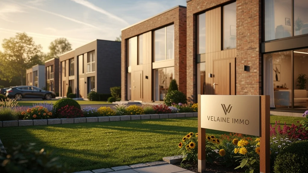 Quartier résidentiel moderne au coucher de soleil avec logo discret de Velaine Immo, ambiance chaleureuse et réaliste